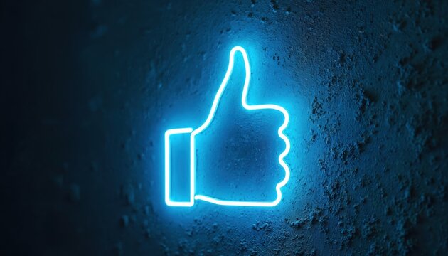 Neon thumbs up symbol glows against a dark blue textured wall. This photo represents like approval positive feedback good feeling success concept or agreement.