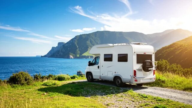 White Camper Van Traveling in Nature Landscape
