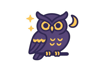 Fototapeta premium Stylized nocturnal owl sitting on a branch surrounded by sparkling stars and a crescent moon