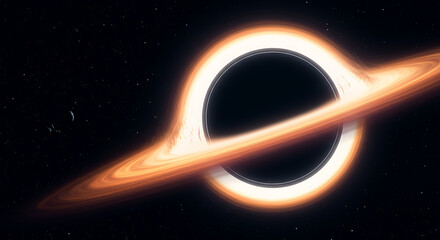 digital rendering of black hole with glowing accretion disk and gravitational lensing effects