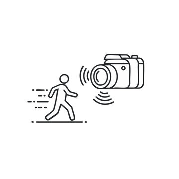 A minimalist line art icon depicts a person quickly moving away from a camera emitting sensor waves, symbolizing privacy concerns or motion detection.