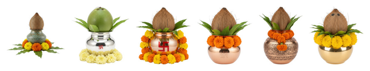 Hindu Kalash set including brass, copper, silver, and gold pots with coconut, mango, and marigold flowers isolated. Indian festival and ritual items.