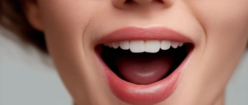 A close-up of a lady exposing her teeth and tongue.