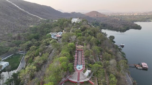 Aerial footage of Karni Mata Temple hill and ropeway near Lake Pichola &ndash; Udaipur, Rajasthan, India &ndash; Oct 14th, 2025