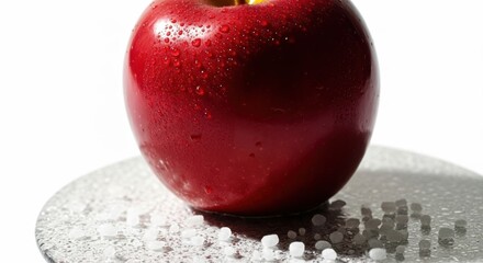 A single ripe red apple perched atop a silver grater with a white background
