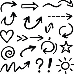 arrow, symbol, icon, hand-drawn, doodle, black and white, collection, set, shapes, forms, heart, star, sun, question mark, exclamation mark, swirl, wavy line, dashed line, circular arrow, pointing, di