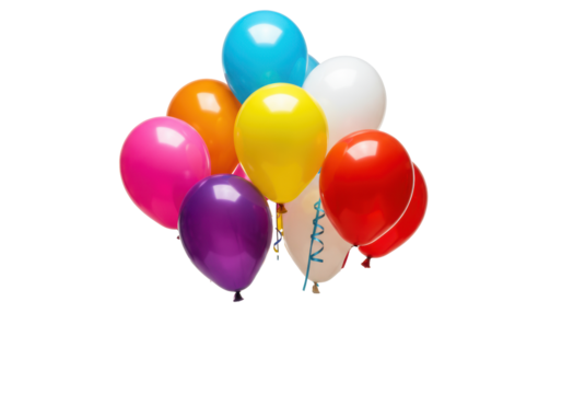 Vibrant Mylar foil balloons (pink, orange, blue, purple, yellow, white, red) with trailing ribbons, on a transparent background with copy space, birthday celebration atmosphere