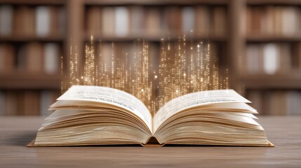 Magical open book with shimmering particles and enchanting glow against a blurred library background, symbolizing knowledge and imagination in literature