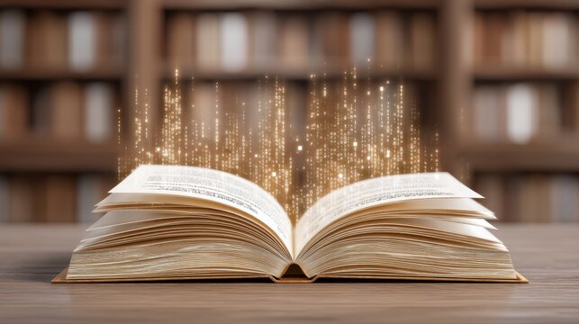 Magical open book with shimmering particles and enchanting glow against a blurred library background, symbolizing knowledge and imagination in literature - Powered by Adobe