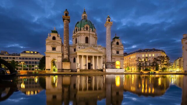 Vienna, Austria. View of St. Charles's Church (Karlskirche) at dusk (static image with animated sky and water)