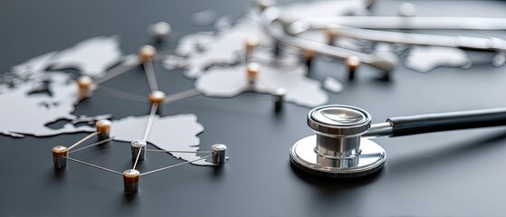 Exploring global health connections with a stethoscope on a world map in a healthcare setting at dusk
