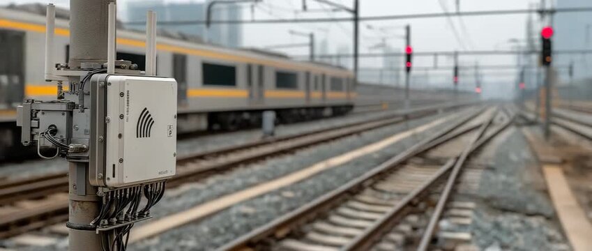 Enhancements in real-time wireless data streaming for train systems are demonstrated via a focused router device placed close to railroad rails with an overlay of blurred signal waves.