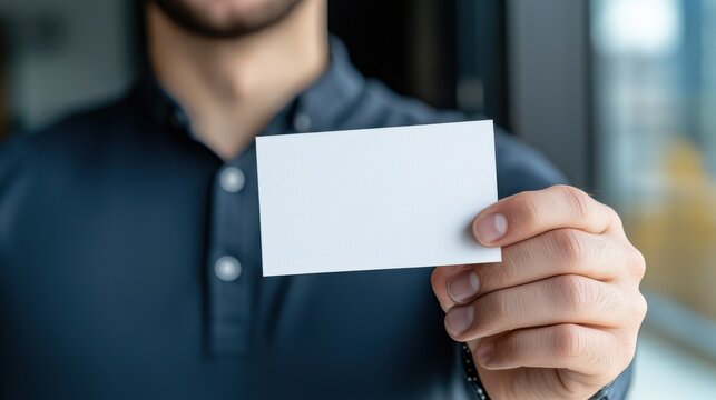 Close-up of a Man Holding a Blank White Business Card, Mockup for Design, Perfect for Corporate Identity and Contact Information Presentation