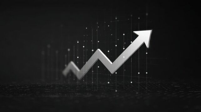 Abstract growth chart with upward arrow on dark background representing success, statistics, finance, and data analysis in modern design style