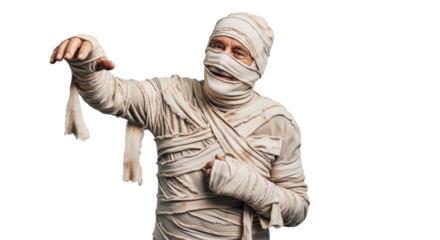 A man wrapped in bandages, possibly a mummy, with a white background.