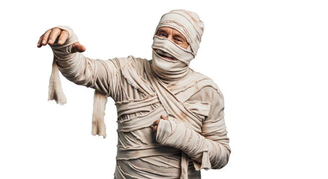 A man wrapped in bandages, possibly a mummy, with a white background.