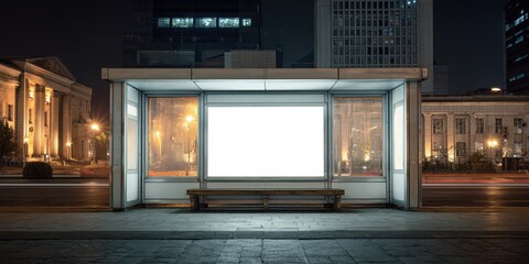Nighttime city bus stop shelter with blank advertising screen for mockups