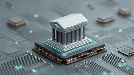 Digital bank concept with classic building on microchip representing financial technology and modern banking systems in a virtual environment