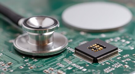 An electronic circuit board is examined with a stethoscope, suggesting technology diagnostics