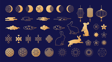 Mid Autumn Festival gold gradient elements set. Collection of flowers, rabbits, moon, mooncakes, lantern, firework, cloud. Line art vector for holiday decor, card, poster, banner