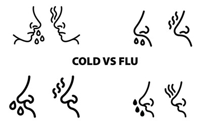Cold versus flu medical illustration showing nose symptoms and sneezing signs  
