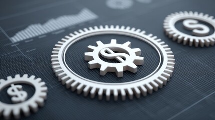Abstract representation of finance and industry with gears and dollar signs on a dark background illustrating economic concepts and business strategies