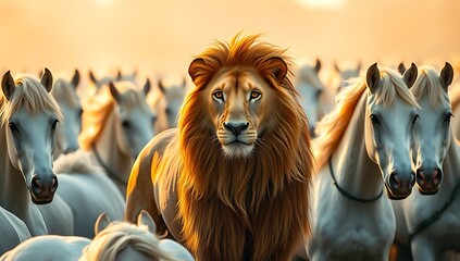 A confident lion stands amidst a group of white horses, showcasing a unique blend of royalty and serenity