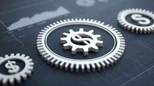 Abstract representation of finance and industry with gears and dollar signs on a dark background illustrating economic concepts and business strategies