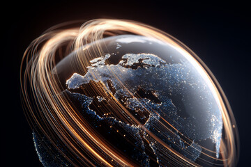 3D rendering of global connections, glowing lines wrapping around the Earth, digital communication concept, white background