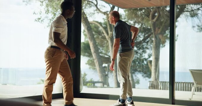 Physiotherapy, elderly man or back pain in home with personal trainer, support or difficult exercise. Active, senior person or fitness in house with muscle injury, workout accident or help from coach