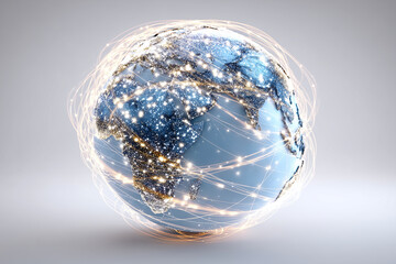 3D rendering of global connections, glowing lines wrapping around the Earth, digital communication concept, white background
