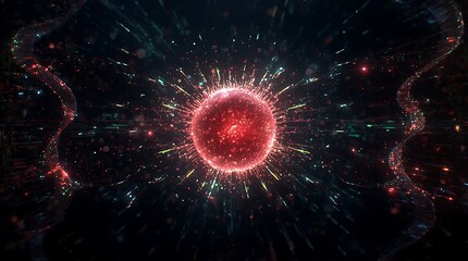 Glowing Red DNA Helix with Central Energy Sphere – Molecular Biology and Genetic Science Concept