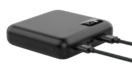 A black square power bank with two USB ports and a digital display on a white background.