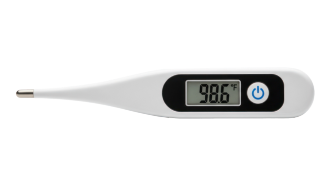 A digital thermometer with a reading of 98.6 degrees Fahrenheit.