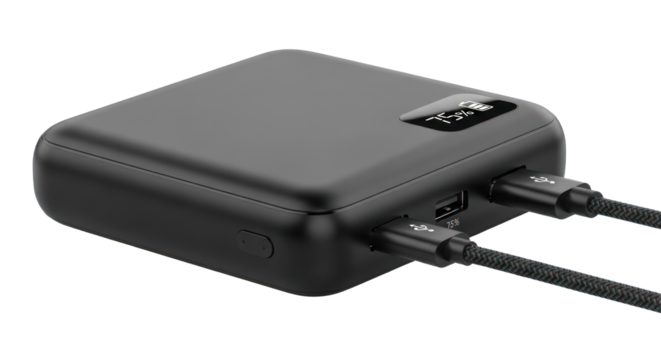 A black square power bank with two USB ports and a digital display on a white background.