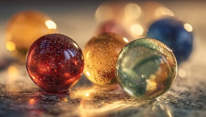 A close-up of colorful glass spheres reflecting light, creating a bokeh effect