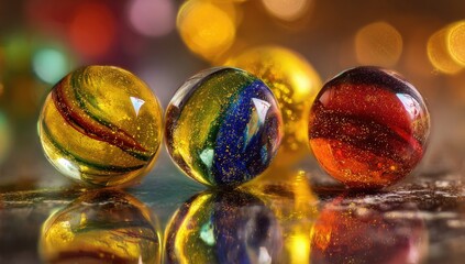 Close-up shot of three colorful glass spheres with reflections on a reflective surface