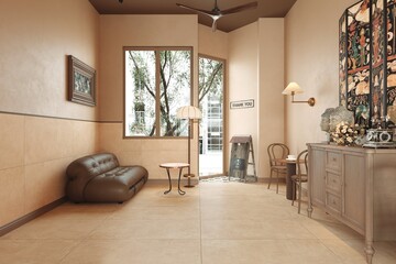 Lavish living room with statement wall decor and sectional sofa. 3D Rendering