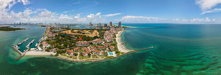 Panorama of Miami skyline. Drone shot of Miami cityscape. Top view of South Miami and the ocean....