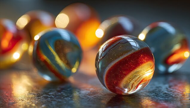 Close-up showcases swirling glass spheres with various colors and refractions, amid warm bokeh