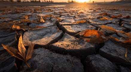 Close-up shows dried, cracked earth with fallen leaves under a bright sunset
