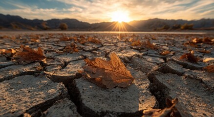 A cracked earth scene with leaves during a sunrise over distant mountains