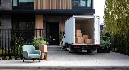 Moving day scene A truck is parked in front of a modern home, boxes being loaded