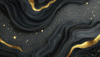 Elegant abstract illustration with flowing dark grey and gold textures, and sparkling glitter