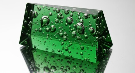Abstract green glass sculpture with bubbles reflecting light on a white surface