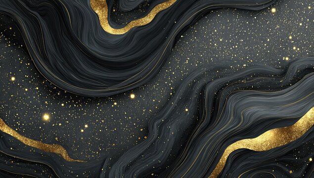 Elegant abstract illustration with flowing dark grey and gold textures, and sparkling glitter