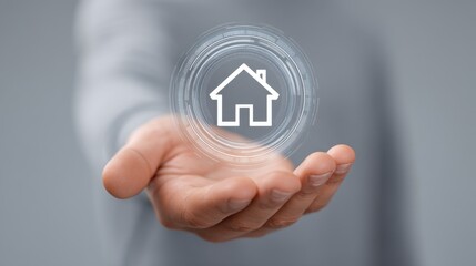 Hand Holding Virtual Home Symbol with Circular Design for Real Estate, Property, and Home Automation Concepts in Digital Space