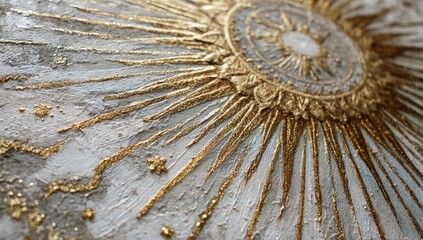Close-up of an ornate golden sunburst design on a textured, pale blue-grey surface