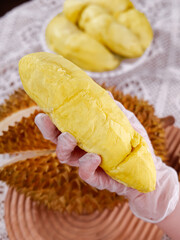 Golden Durian Flesh Held Over Spiky Shell with Fresh Fruit Display