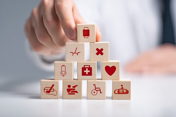 A person arranges wooden blocks with health-related icons, forming a pyramid structure